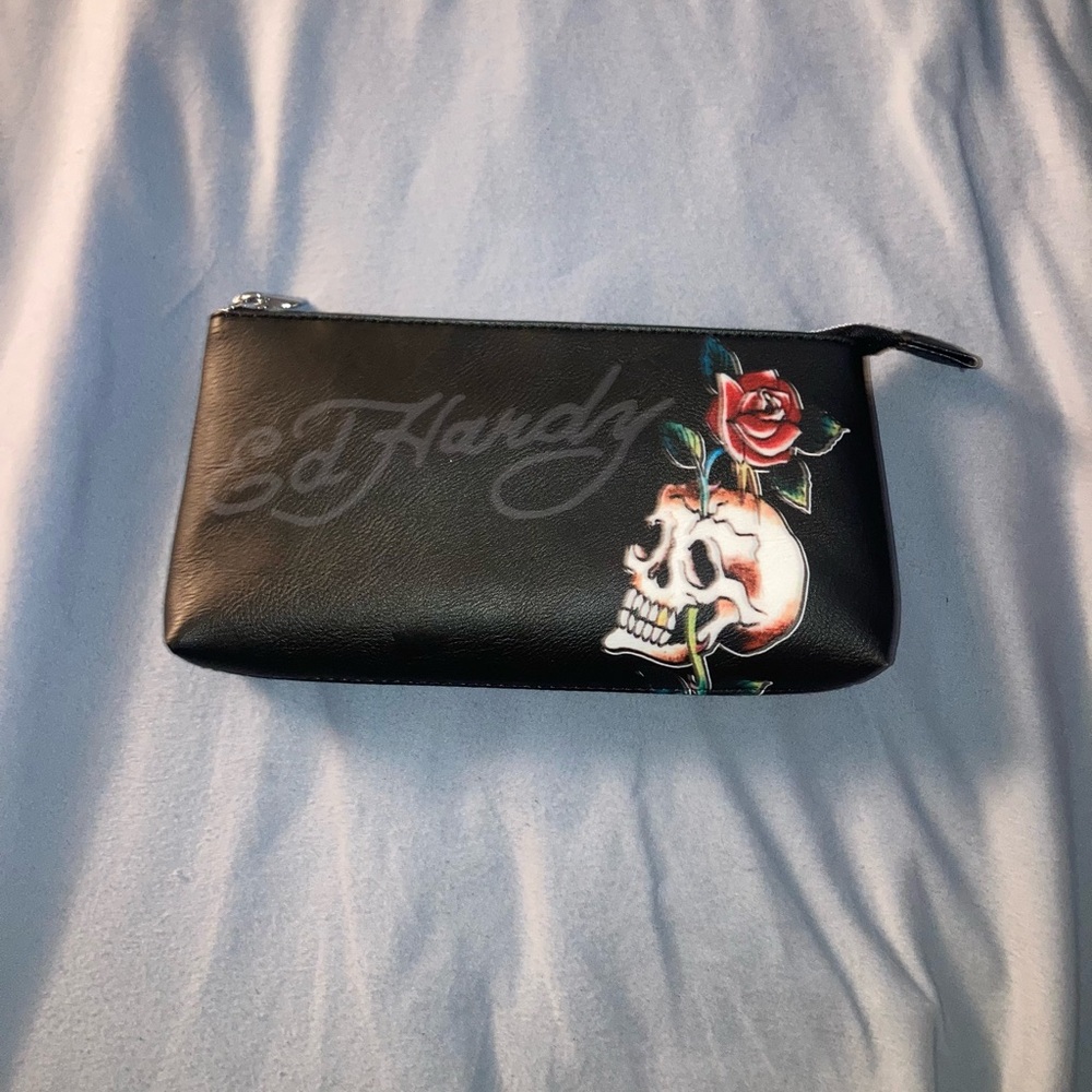 Ed Hardy Black Pouch with Red Rose & Skull Graphic